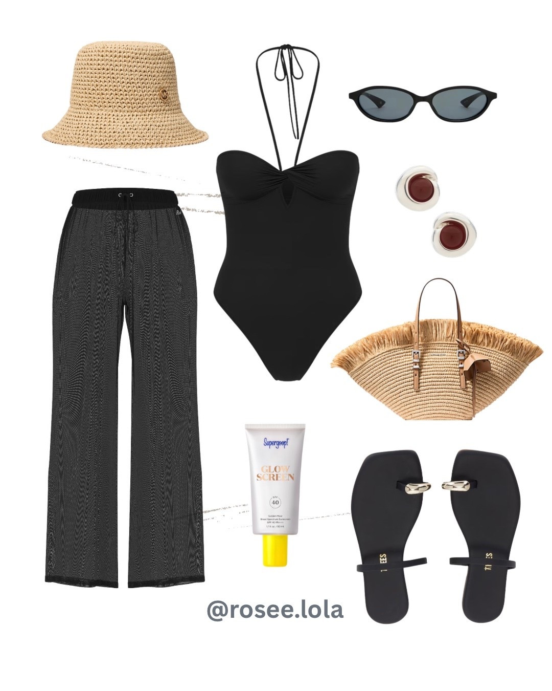 Easy summer outfit you’ll be reaching for on repeat ☀️ High neck one piece from Victoria’s Secret paired with effortless pull-on coverup pants. Finished with chic black sunglasses, a raffia bucket hat + matching bag, black sandals with gold detailing, and SPF from Supergoop! @Michael Kors US @victoriassecret @ulta @Revolve 