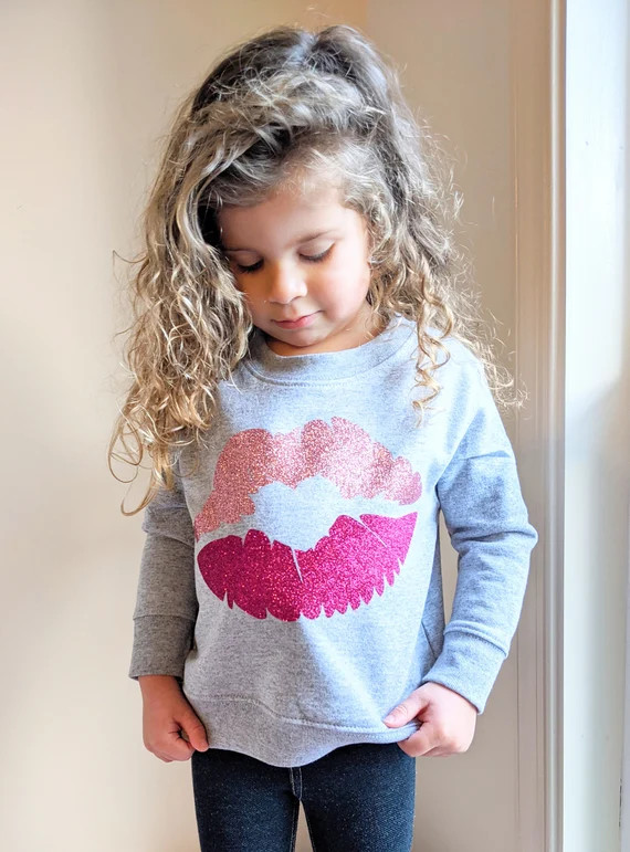 Valentine's Day Outfit for Kids | Glitter Lips Shirts | Girls Valentine's Day Outfit | Toddler Sw... | Etsy (US)