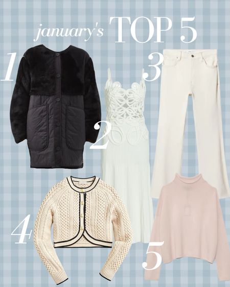 Januarys top five best sellers! The Marfa jacket I can’t get enough of, a crochet white dress for spring, the Mango flared jeans everyone needs in their closet, a cable knit sweater lady jacket from J. Crew and the softest cashmere blush sweater!

Work wear
Travel outfits
Valentine’s Day
Bridal white party

#LTKstyletip #LTKtravel #LTKworkwear