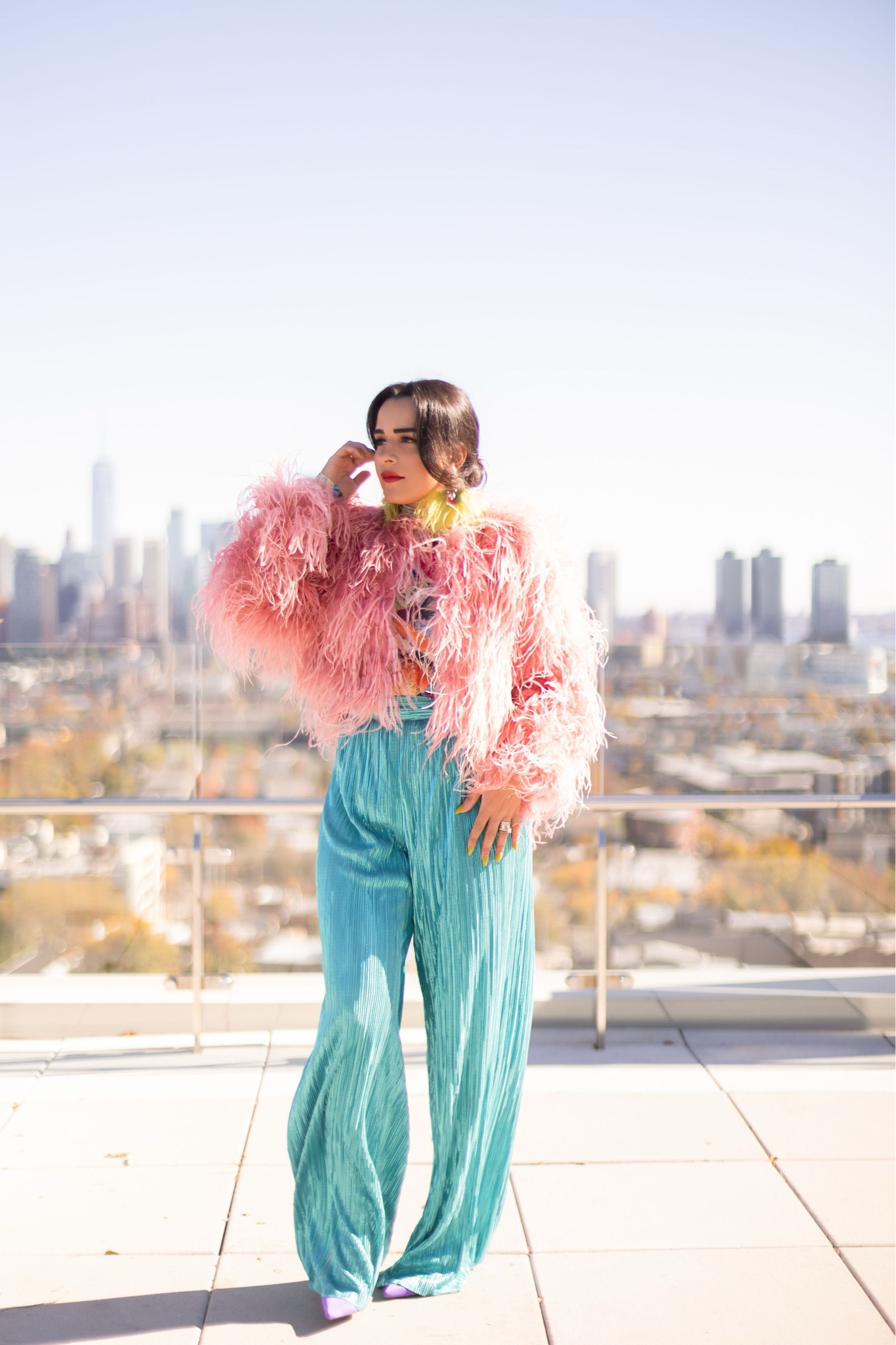 Absolutely obsessed w// This Feather jacket- Such a Statement piece on these Gorgeous Flowy pants! 
•
Shop this look && Follow me on Instagram at @nardinemarie for more Colorful Style finds! 

#LTKSeasonal #LTKfit #LTKU