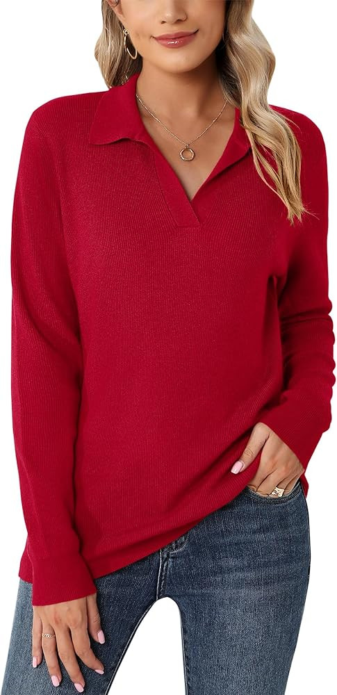 Romanstii Women's Knitted Collared Sweaters Long Sleeve V-Neck Polo Shirts Winter Pullover Tops | Amazon (US)