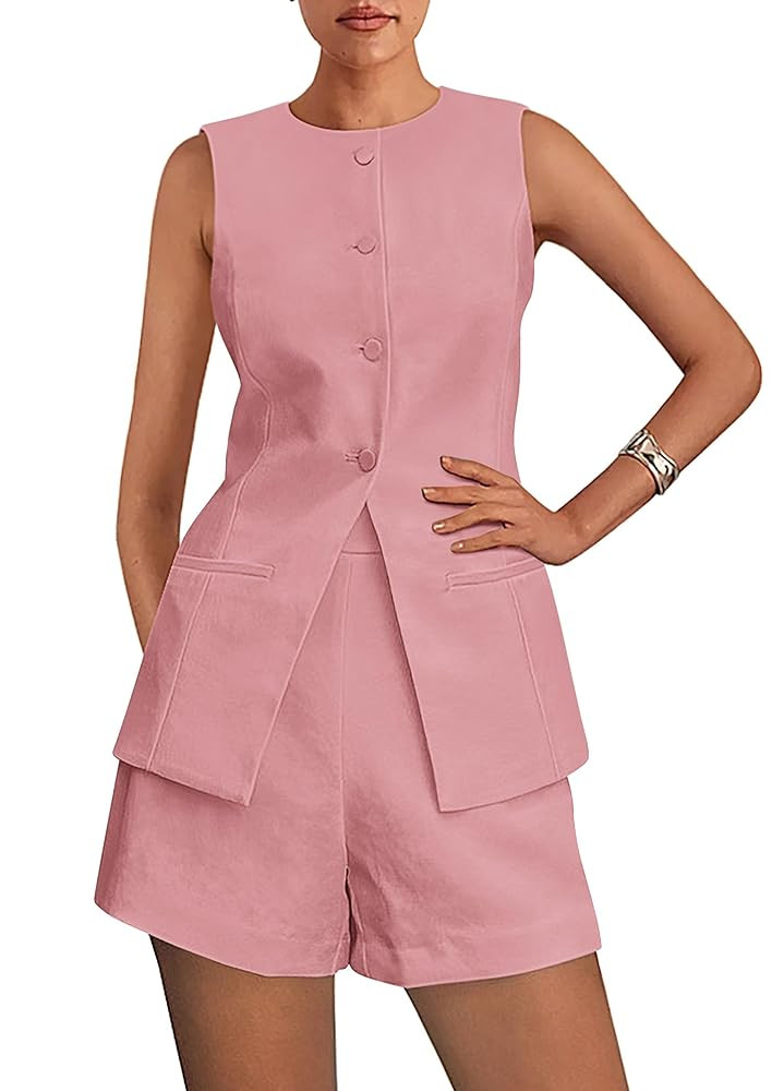 PRETTYGARDEN Two Piece Sets for Women Summer 2025 Button Down Suit Vest Tops High Waisted Shorts ... | Amazon (US)