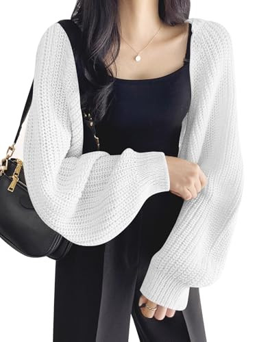 RoseSeek Women's Long Sleeve Open Front Drop Shoulder Cropped Cardigan Sweater Knit Bolero Shrugs for Dresses White Solid M | Amazon (US)