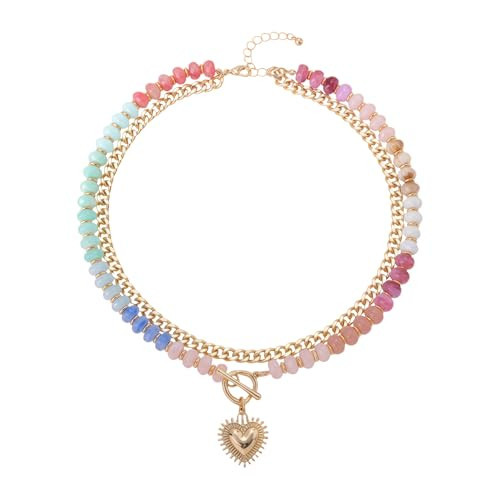 sunglnl Colorful Beaded Necklace For Women, Heart Pendant Acrylic Rainbow Beads Cuban Chain Boho Double-layer Summer Beachy Jewelry Gift (Gold Heart Colorful) | Amazon (US)