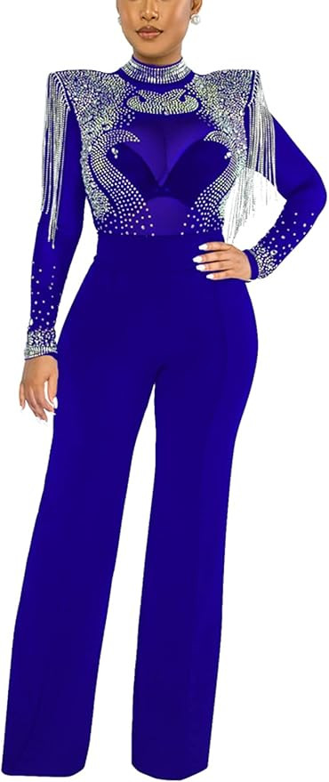 Molilove Women's Sexy Jumpsuit Elegant Long Sleeve Bodycon Sheer Mesh See Through Rhinestone Casu... | Amazon (US)