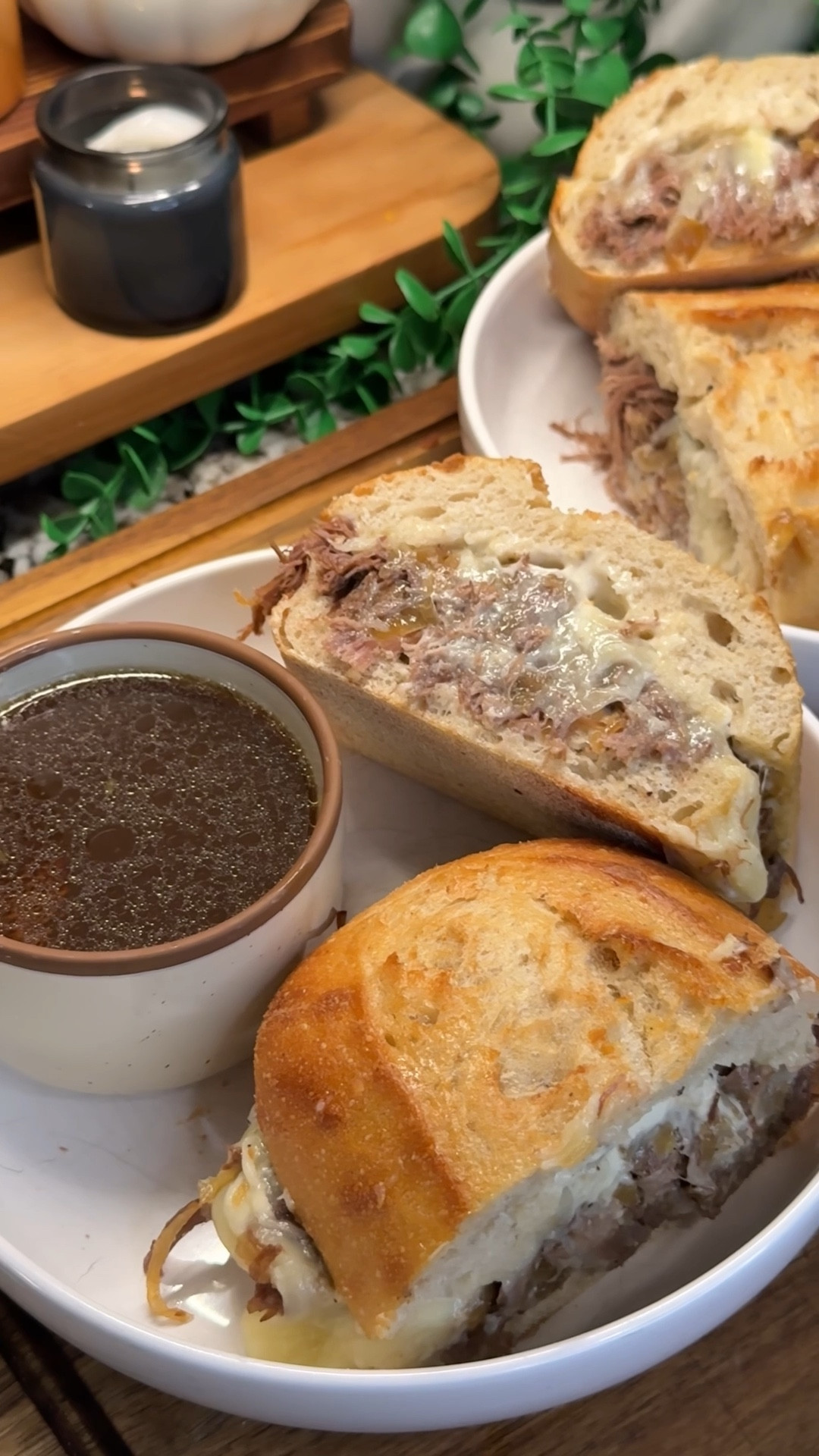 we are so obsessed with these french dip sandwiches! comforting, easy & insanely delicious- you’ll always be craving them once you try them🥖🧀🌿
#kitchenfavorites #cookingessentials #cookingmusthaves #kitchendecor

for the full step-by-step recipe, visit my link in bio!

Ingredients:
- 2.5 lbs chuck roast
- 3.5 tsps salt, split
- 3 Tbs olive oil, split
- 6 cups water
- 3 Tbs Better Than Bouillon roasted beef base
- 5 yellow onions, split
- 10 cloves garlic
- 2 sprigs fresh rosemary
- 4 sprigs fresh thyme
- 2 Tbs brown sugar
- 3 Tbs Worcestershire sauce
- 3 tsps black pepper, split
- 3 Tbs butter
- 1/3 cups mayonnaise
- 2.5 Tbs creamy horseradish sauce
- 7 slices provolone cheese
- 1 loaf French bread

#LTKFamily #LTKSeasonal #LTKHome