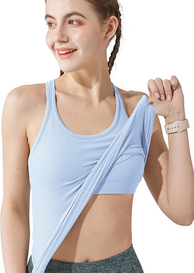 Yoga Racerback Tank Top for Women with Built in Bra,Women's Padded Sports Bra Fitness Workout Run... | Amazon (US)