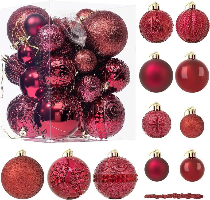 41PCS Burgundy Christmas Ornaments Set - Shatterproof Christmas Tree Ornaments with Icicle for Ho... | Amazon (US)