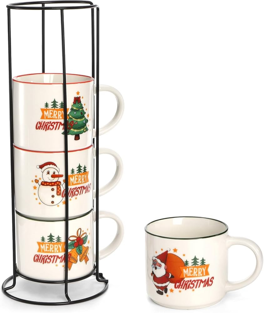 Coloch Set of 4 Christmas Coffee Mugs with Metal Rack, 15 oz Ceramic Coffee Mugs Stackable Christ... | Amazon (US)