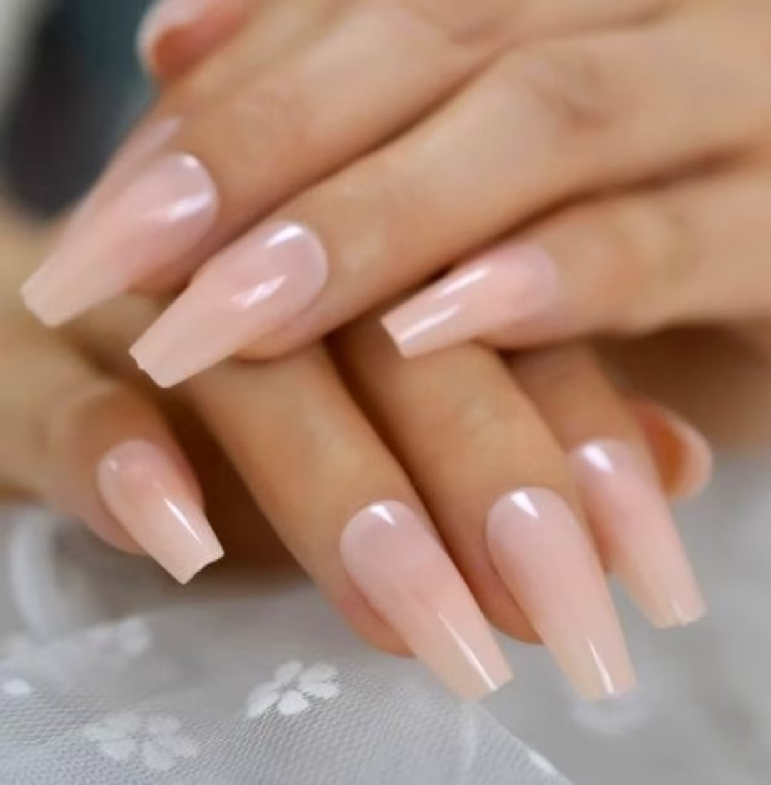 Glue on Press on Nails Long Coffin Sheer Nude Pink - Etsy | Etsy (US)