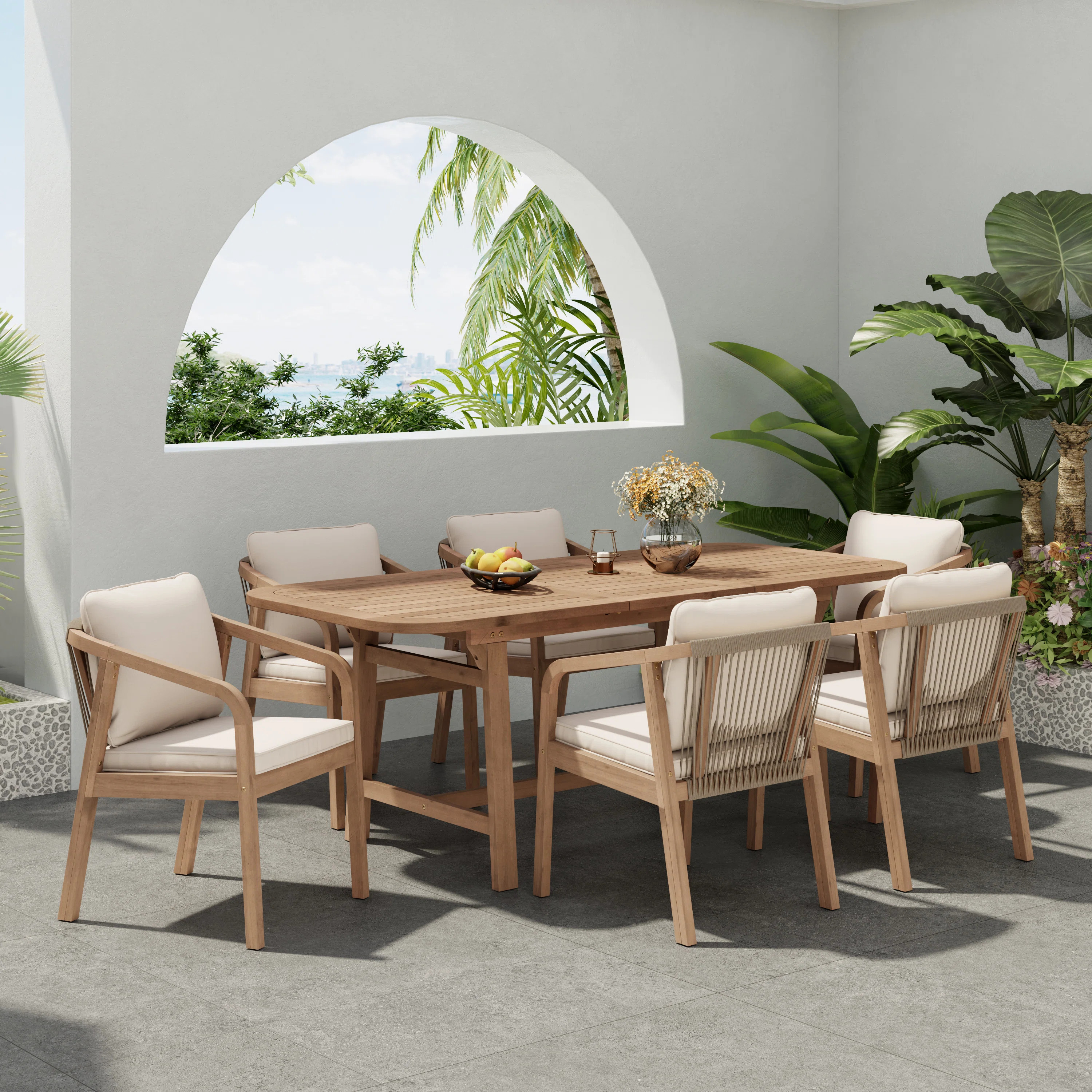 Riehlin Patio 7-Piece Acacia Wood Dining Set With Extendable Table & Cushions | Wayfair North America