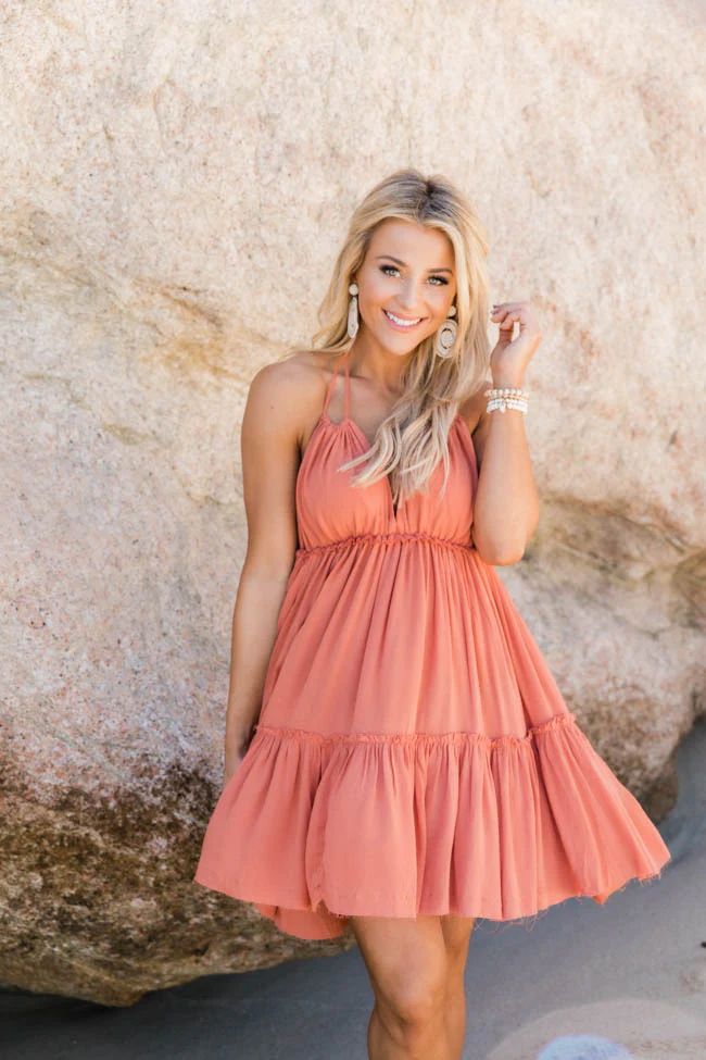Runaway Ocean Halter Terracotta Dress | The Pink Lily Boutique