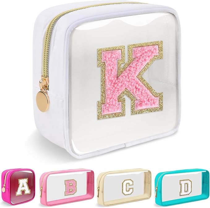 Mini Clear Personalized Initial Makeup Bag,Nylon Preppy A-Z Chenille Letter Patch Zipper Cosmetic... | Amazon (US)