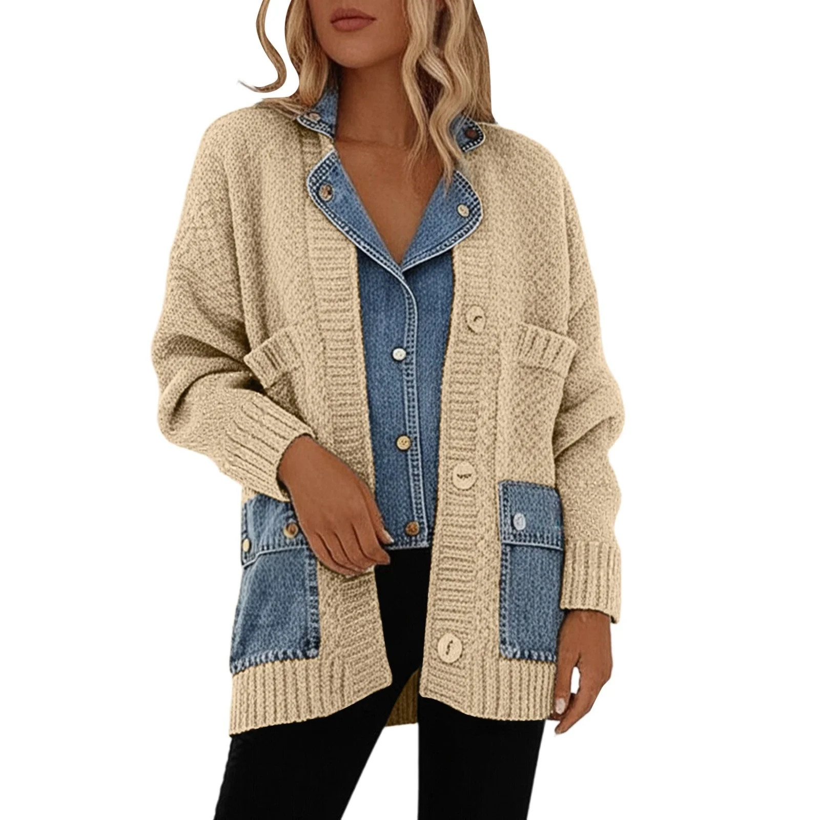 AWZXDE Women's Two-Tone Layered Loose Knit Sweater Fashion Versatile with Pockets Button Design N... | Walmart (US)