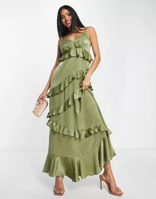 Flounce London satin all over ruffle cami maxi dress in green | ASOS (Global)