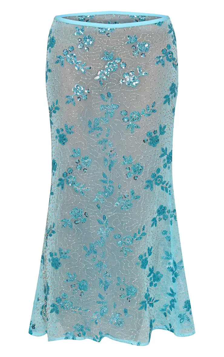 Aqua Embelished Floral Midaxi Skirt | PrettyLittleThing UK