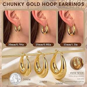 Chunky Gold Hoop Earrings for Women, 14k Gold Plated Hypoallergenic Earrings Silver Thick Stateme... | Amazon (US)