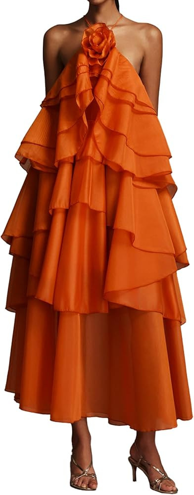 Un hombro naranja rosado vestido escalonado mujer capas diseño volantes plisado vestido de vacac... | Amazon (US)