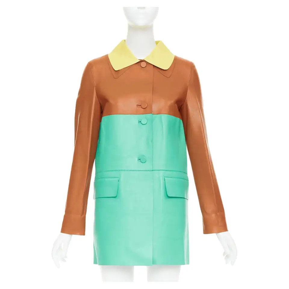 MARNI SS2015 yellow tan turquoise colorblocked lambskin leather coat IT38 XS | 1stDibs