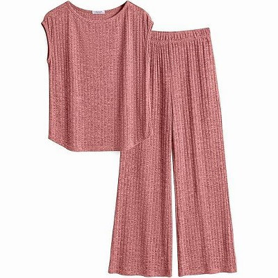 Ekouaer 2 Piece Lounge Sets for Women Matching Summer Outfits Casual Ribbed Knit Cap Sleeve Wide Leg Pants Sets Pink L | Target