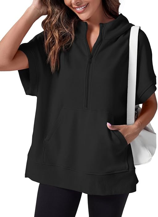 Fisoew Womens Oversized Half Zip Hoodies Short Sleeve Casual Sweatshirts Pullover Tops with Pocke... | Amazon (US)