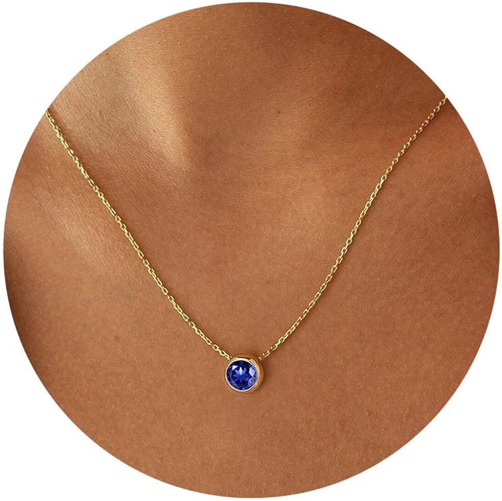 Turandoss Birthstone Necklace for Women, Dainty 14K Gold Plated Red Blue Green Diamond Emerald Bi... | Amazon (US)