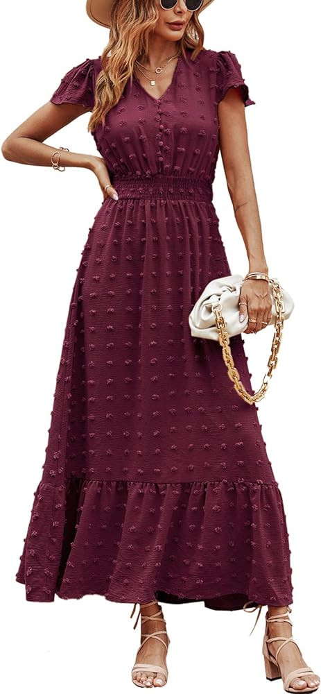 PRETTYGARDEN Womens Dresses 2024 Boho Short Sleeve V Neck Swiss Dot Ruffle Tiered Maxi Dress Smoc... | Amazon (US)