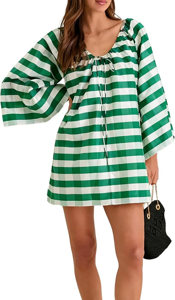 Women's Boho Dress Gingham Bell Sleeve Tie Neck Shift Dress Beach Cover Up Mini Dress | Amazon (US)