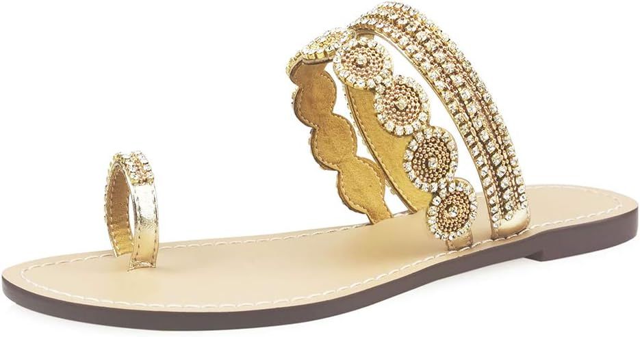 Women's Rhinestone Flat Sandals, Women Flip Flops with Clip Toe RingBeadeed Rhinestone Crystal Je... | Amazon (US)