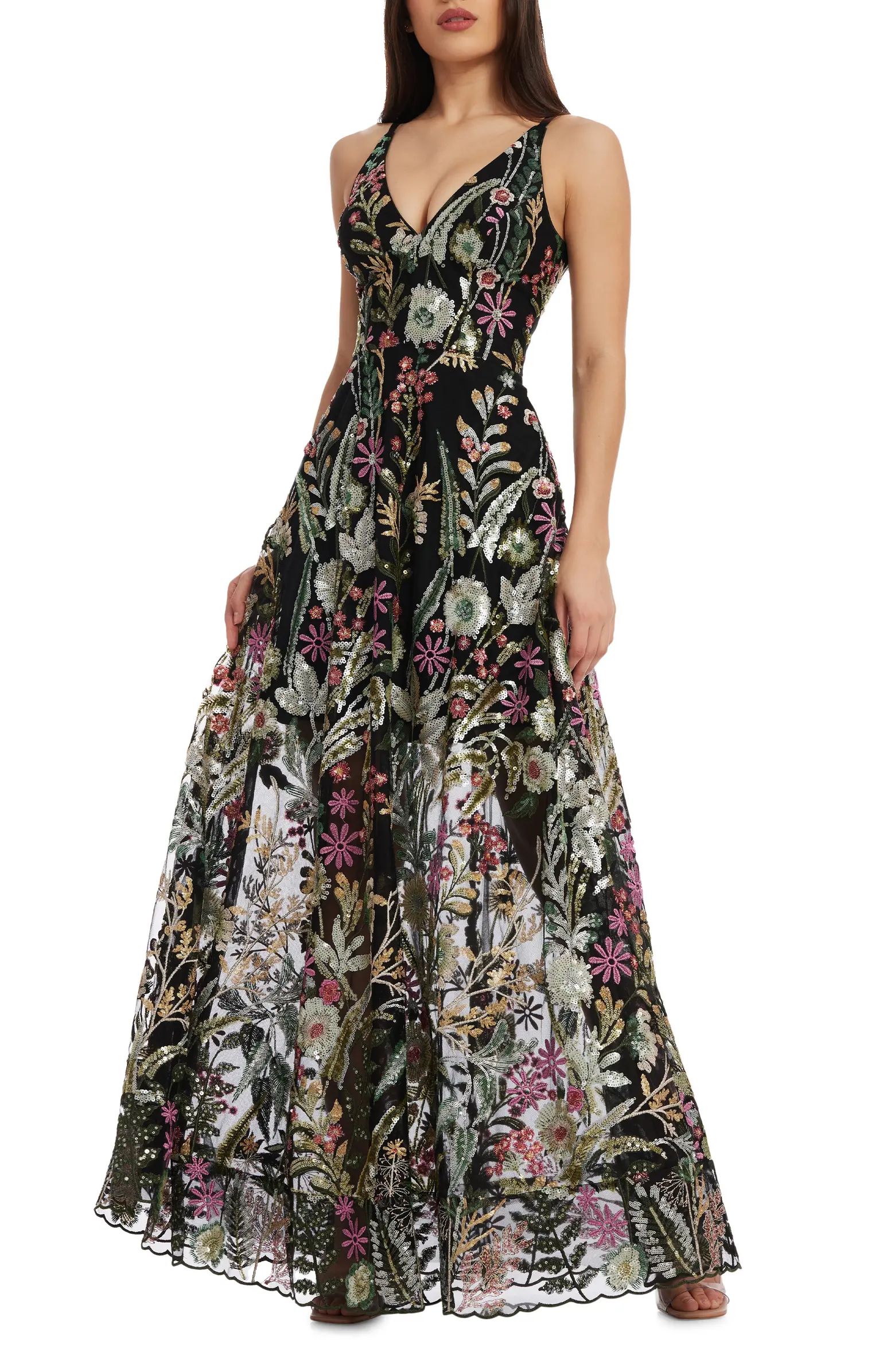 Ariyah Floral Sequin A-Line Gown | Nordstrom