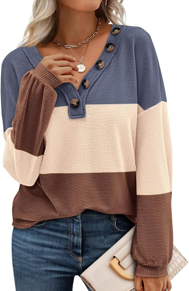 BTFBM Womens Fall Fashion 2025 Long Sleeve Shirts Spring V Neck Loose Casual Deco Button Lightwei... | Amazon (US)
