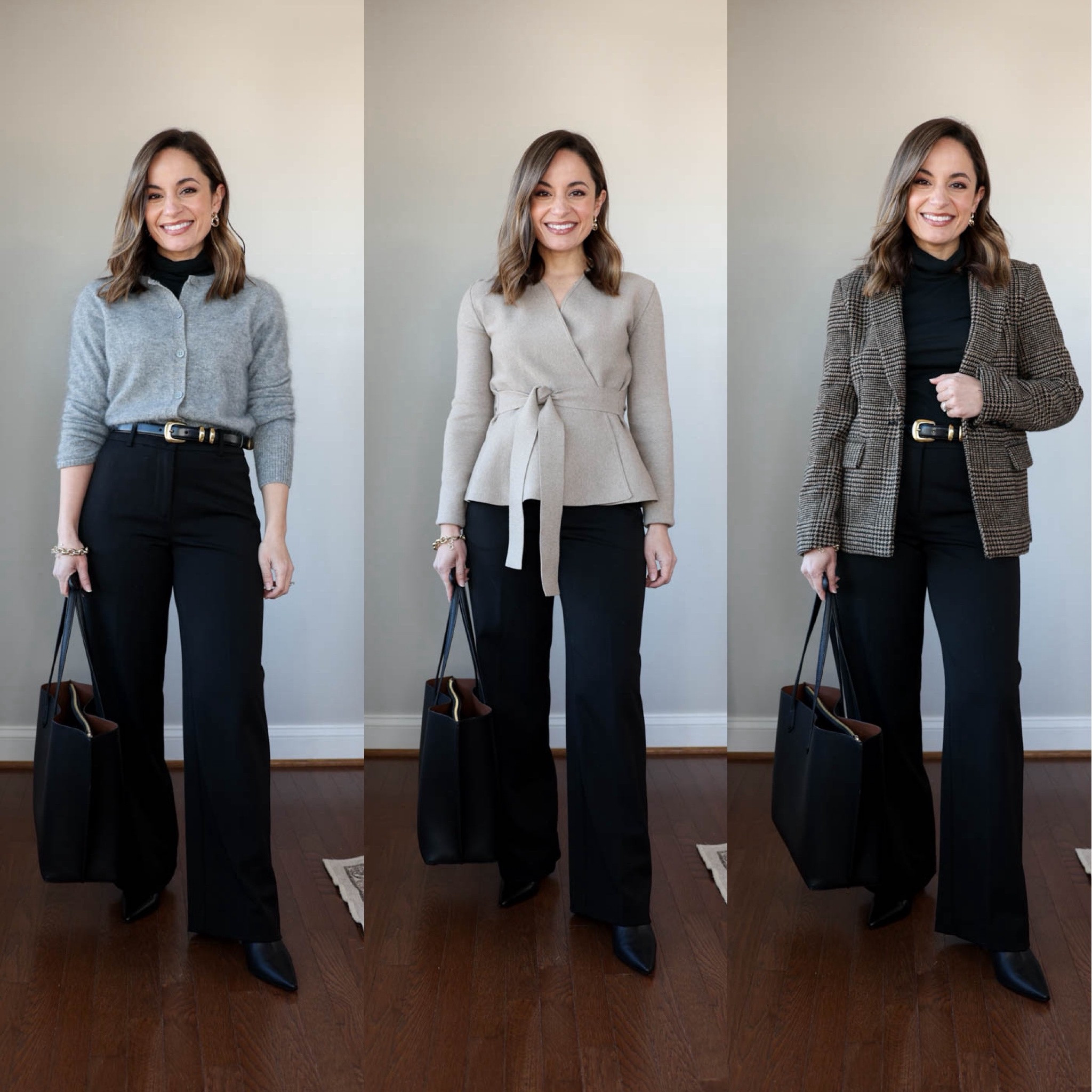 2026 winter workwear capsule series: black pants multiple ways. 

Black pants (Ann Taylor): petite 00 - 10” rise, 28.5” inseam - I wear these in curvy fit. 

7 tops 
Tan V-neck cardigan (Quince): xs in oatmeal 
Green sweater (J.Crew Factory): xxs
Black cardigan (Gap): xxs (recommend a size up) 
Mauve cardigan (Madewell): xxs 
Gray cardigan (Quince): xs 
Taupe cardigan (Quince): xxs in nomad taupe 
White button down (J.Crew Factory): petite xxs 

3 base layers 
Brown top (Amazon): xs 
Black turtleneck (J.Crew Factory): xxs 
White top (Quince): xs 

3 blazers 
Plaid blazer (BR Factory): petite 00 (mostly sold out in petite) 
Tan blazer (J.Crew): petite 00 
Brown blazer (Banana Republic): petite xxs (recommend a size up) 

My measurements for reference: I’m 4’10” and 105lbs. My bust, waist, and hip measurement is 32”, 24”, and 36”.

#LTKWorkwear #LTKPetite
