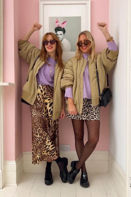 Leopard print mini skirt and midi satin skirt, lilac cashmere jumpers and oversize bombed jacket 

#LTKunder100 #LTKstyletip #LTKunder50