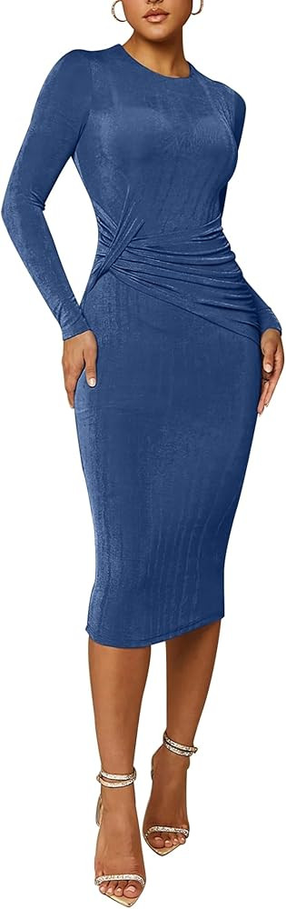 Ekaliy Women's Crew Neck Long Sleeve Ruched Bodycon Dress Casual Twist Front Stretchy Wrap Cockta... | Amazon (US)