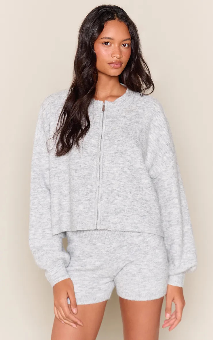Marl Grey Crew Neck Slouchy Zip Through Cardigan Sweater | PrettyLittleThing UK