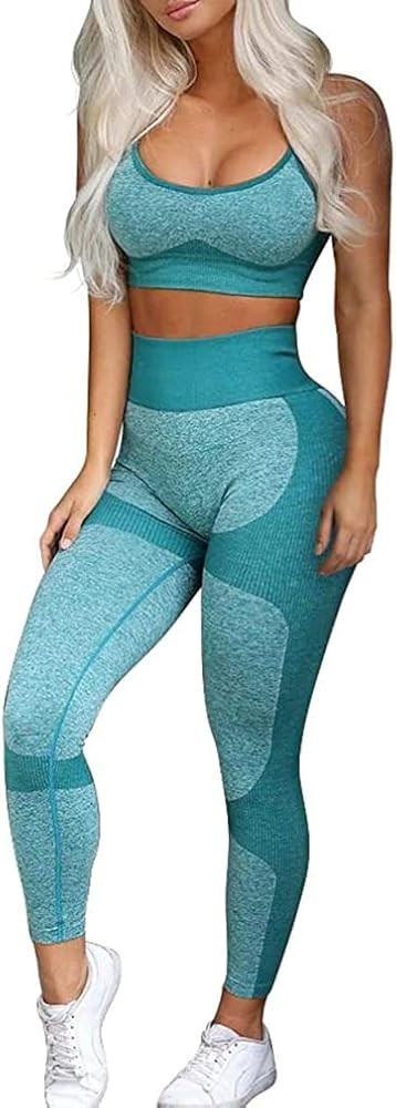 OLCHEE Women\u2019s Workout Sets 2 Piece - Seamless Yoga Leggings and Cross-Strap Sports Bra Gym ... | Amazon (US)