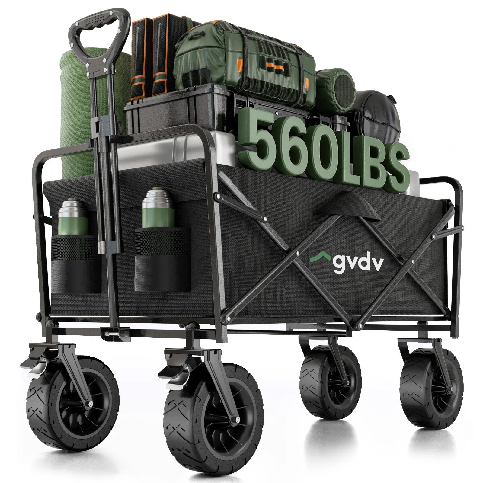 GVDV Collapsible Folding Wagon, 550LBS Large Heavy Duty Utility Cart with All-Terrain Wheels and Adjustable Handles for Shopping, Camping, Sports, Outdoor, Beach, Black | Walmart (US)