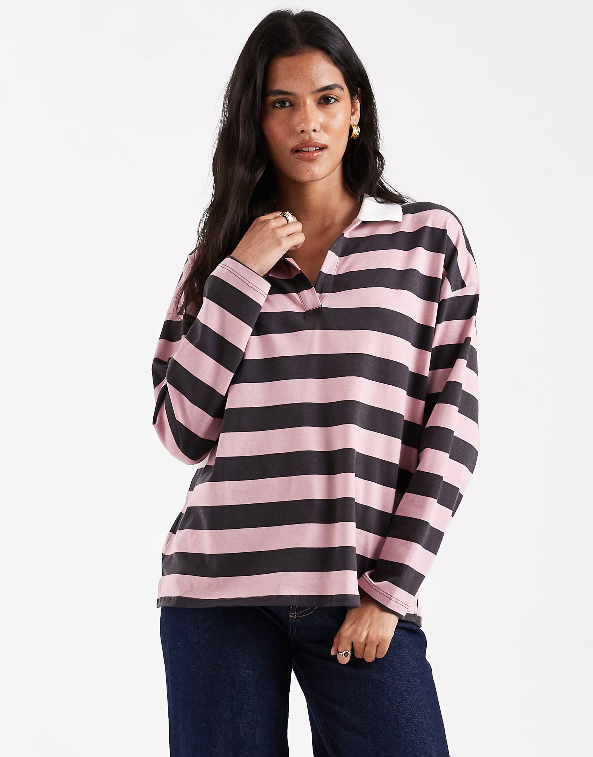 ASOS DESIGN long sleeve rugby tee in chocolate and mauve stripe | ASOS | ASOS (Global)