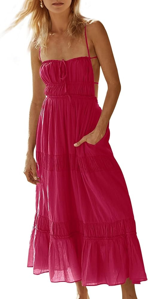 Wenrine Womens Summer Beach Dresses Backless Spaghetti Straps Self Tie Tiered Flowy Casual Maxi D... | Amazon (US)