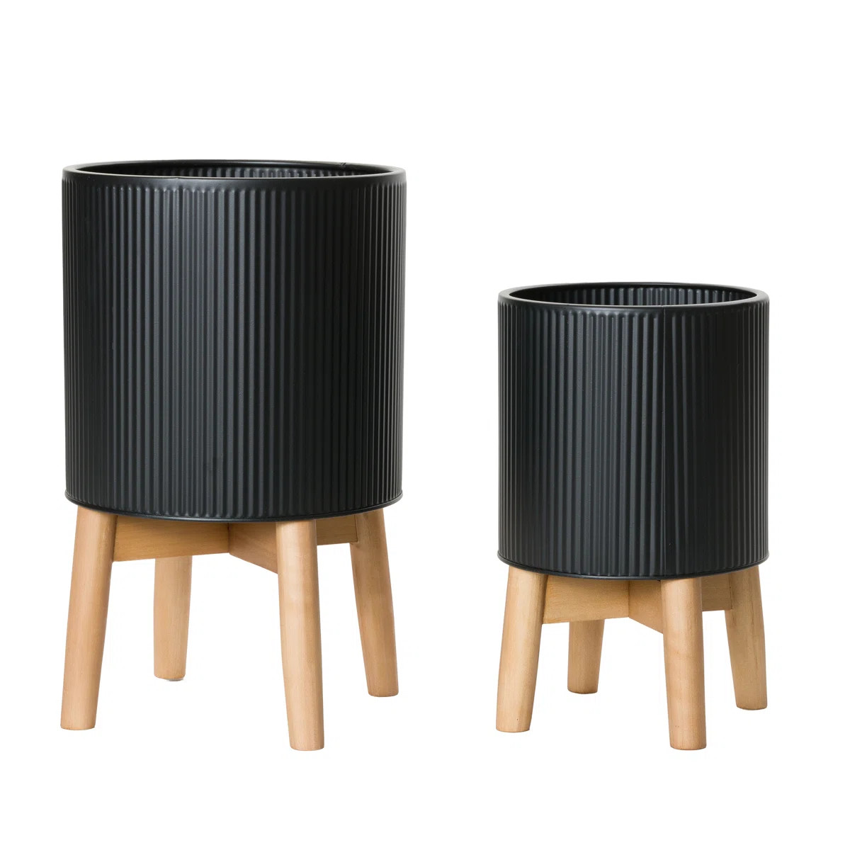 Rinesha Mid Century Modern Indoor Metal Pot Planter 4-Leg Wood Base - Set | Wayfair North America