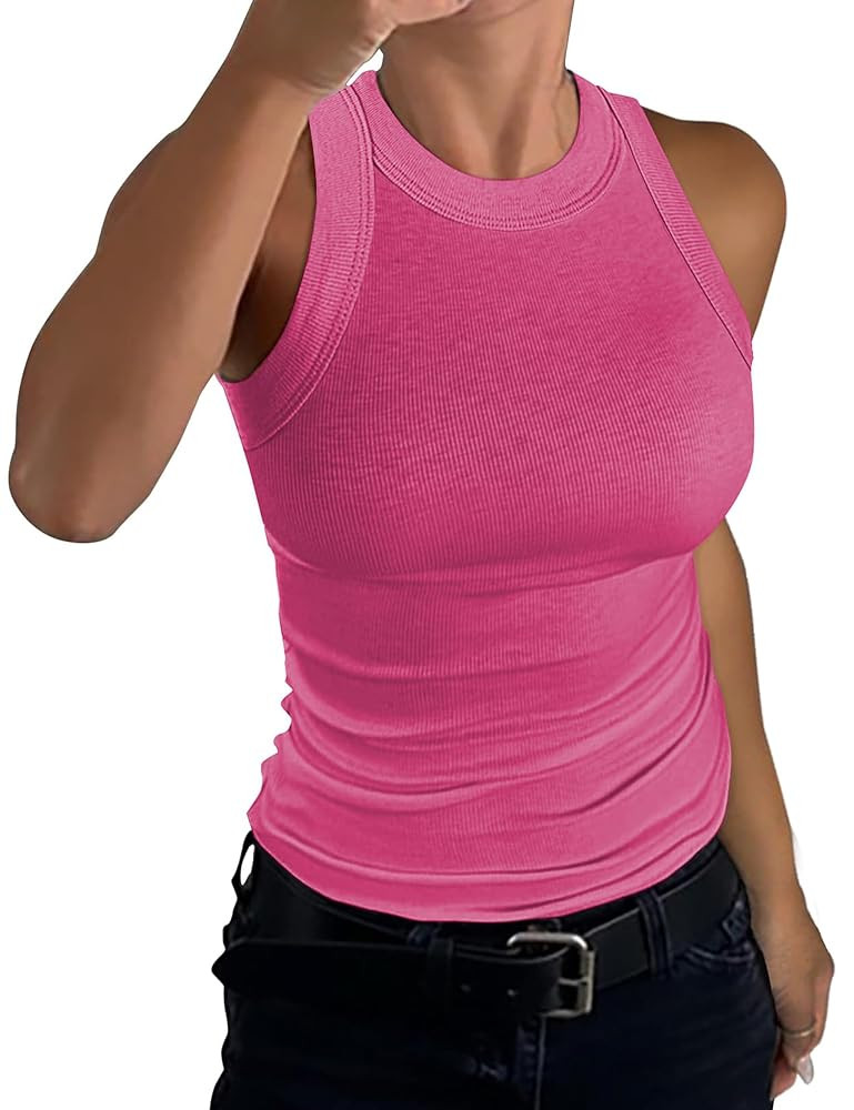 C.O.Z.Y Tank Top for Women Ribbed Racerback Sleeveless Top Shirts High Neck Casual Slim Fit Top 2... | Amazon (US)