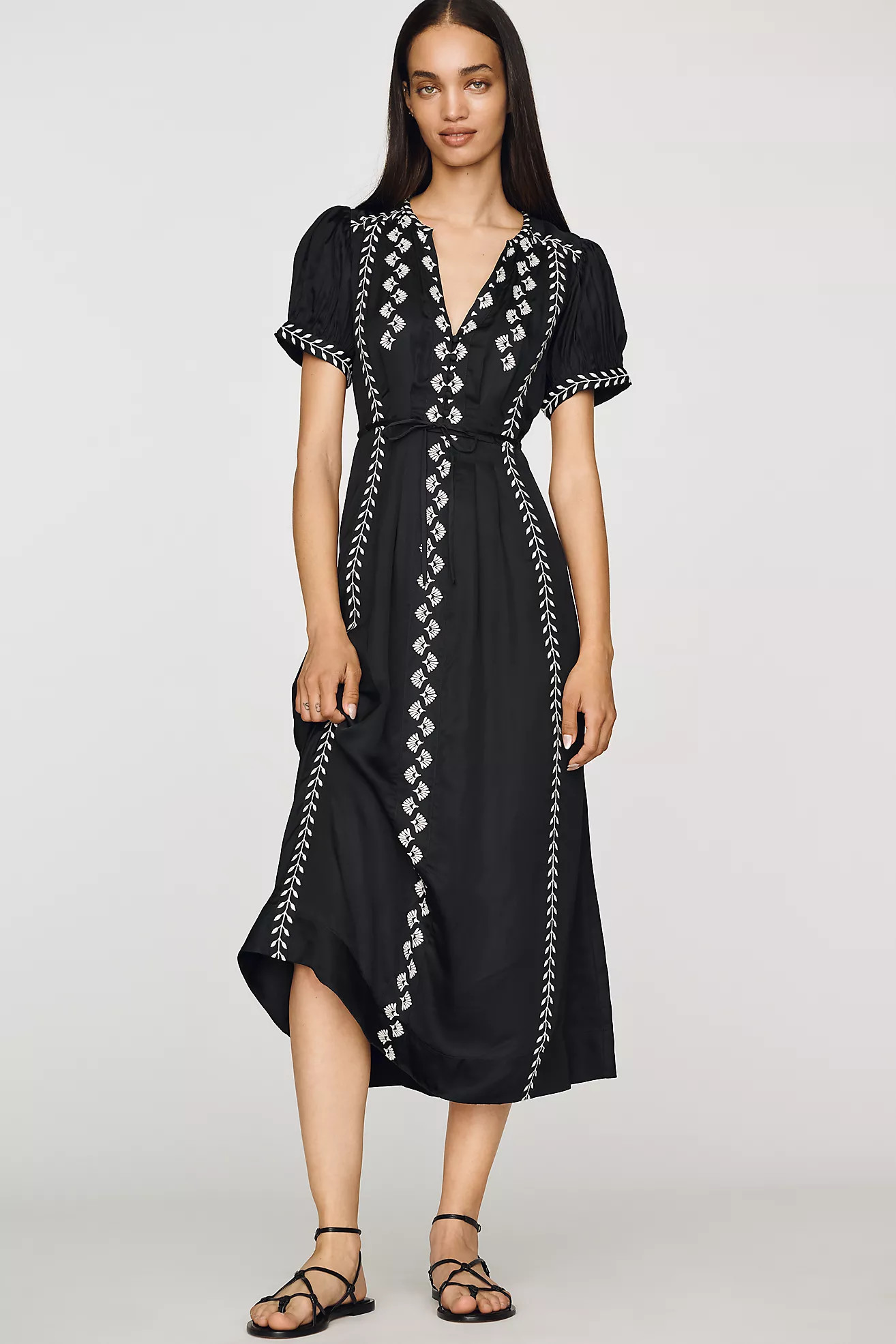 By Anthropologie Satin Embroidered Midi Dress | Anthropologie (US)