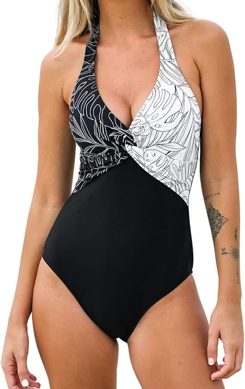 CUPSHE Women Swimsuit One Piece Halter Deep V Neck Mesh Sheer Long Torso Bathing Suit | Amazon (US)