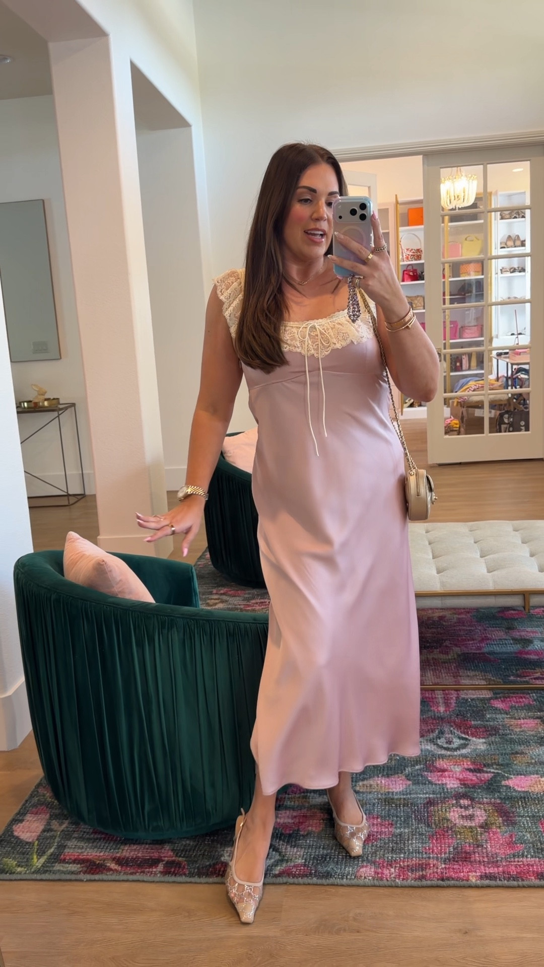 curvy midsize spring pink mauve dress for easter! in the size large. love the lace neckline and satin fabric! 

#LTKSeasonal #LTKMidsize