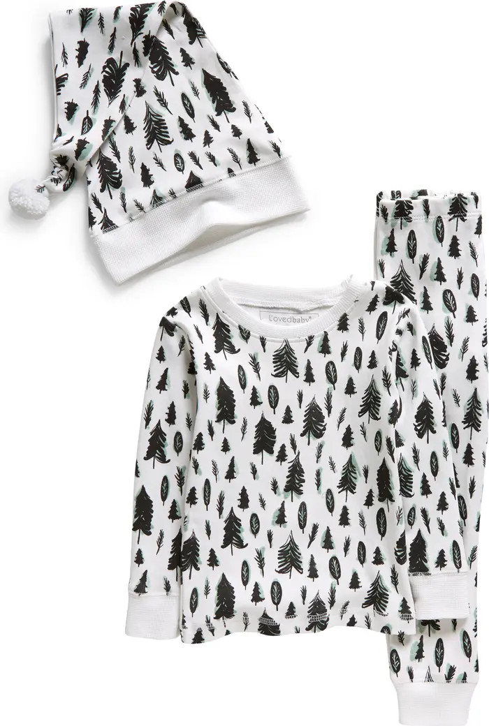 L'ovedbaby Kids' Holiday Fitted Organic Cotton Two-Piece Pajamas & Cap | Nordstrom | Nordstrom