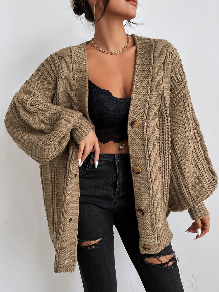 Solid Button Front Cable Knit Cardigan | SHEIN