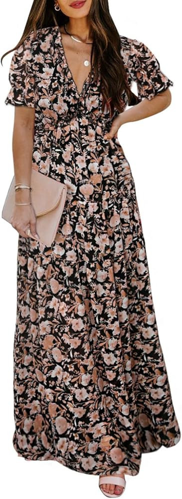 BLENCOT Womens Casual Short Sleeve Boho Floral Printed V Neck Long Dress Ruched Cocktail Party Ma... | Amazon (US)