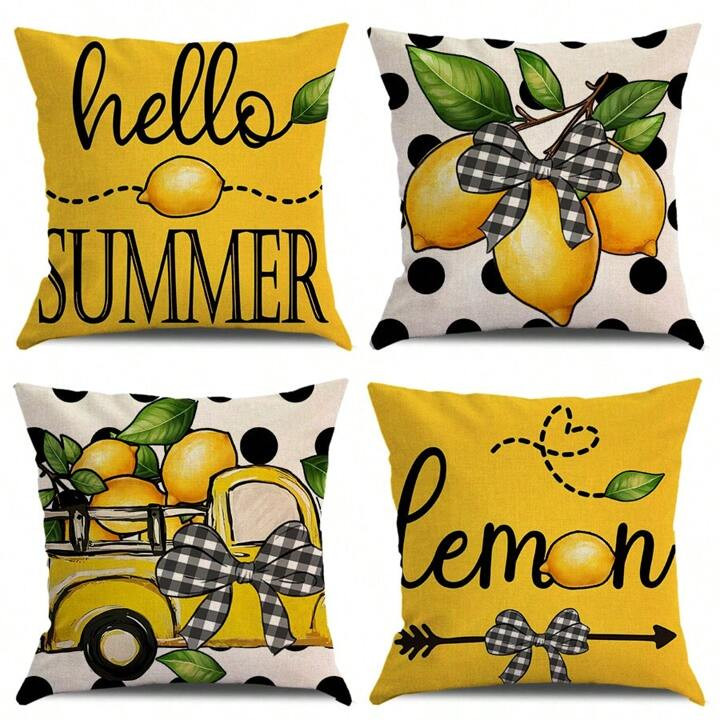 Set Of 4, Summer Lemon Yellow Pillow Covers 17.7 Inches *17.7 Inches, Watercolor Dwarf Ice Cream ... | SHEIN