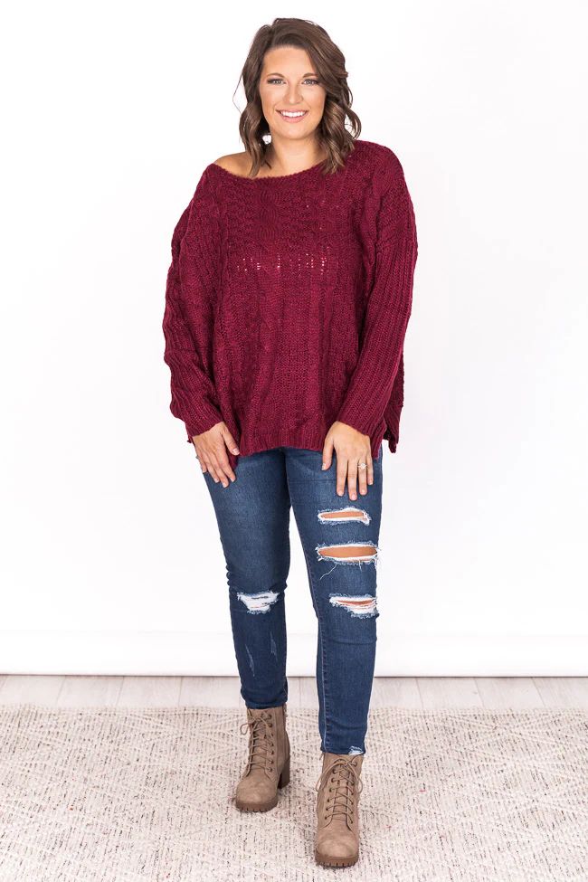 Alone With You Burgundy Cable Knit Sweater DOORBUSTER | Pink Lily