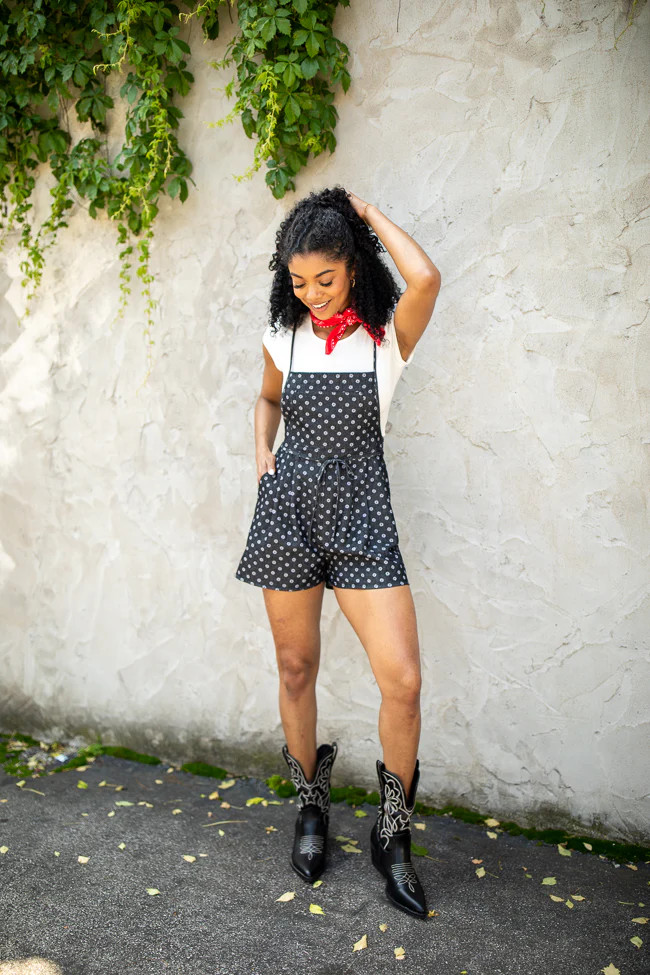 Better Perspective Black Floral Denim Romper | Pink Lily